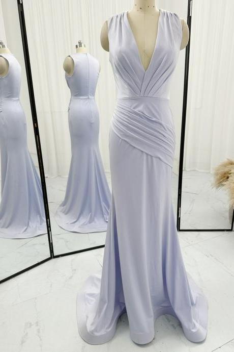 V Neck Blue Sheath Prom Dress Long Evening Gown