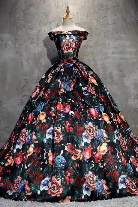 Off Shoulder Floral Print Ball Gown Pageant Dress With Court Train