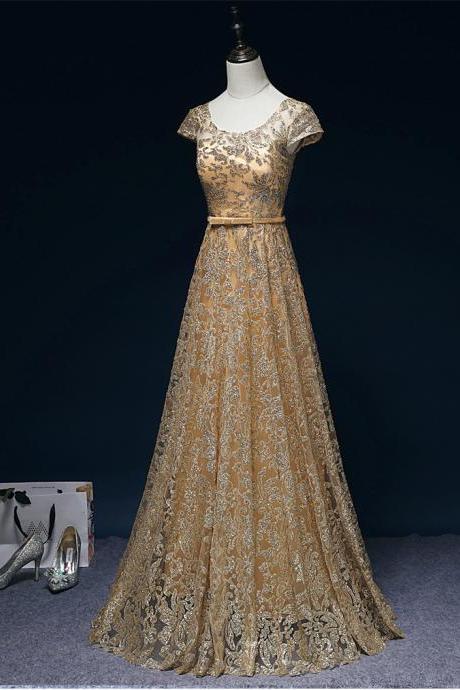 Cap Sleeves Glitter Gold Long Formal Occasion Dress Evening Gown