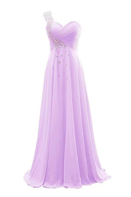 One Shoulder Lilac Long Chiffon Formal Occasion Dress Evening Gown