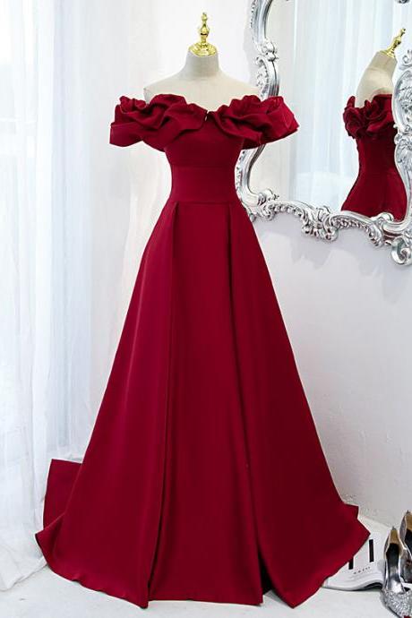 Off Shoulder Dark Red Satin Formal Dress Evening Gown