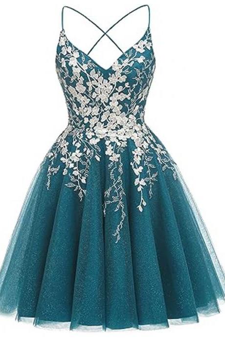 V Neck Short Hoco Party Dress With Lace Appliques