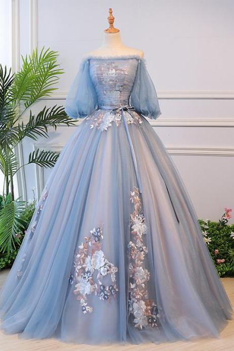 Latern Sleeves Blue Princess Dress Formal Gown