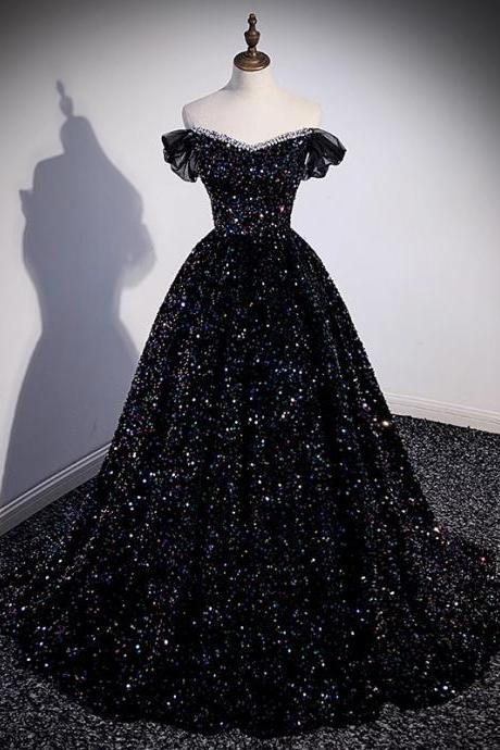 Off Shoulder Sparkle Black Sequin Pageant Dress Evening Gown
