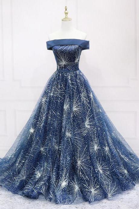 Off Shoulder Glitter Dark Blue Formal Occasion Dress Evening Gowns