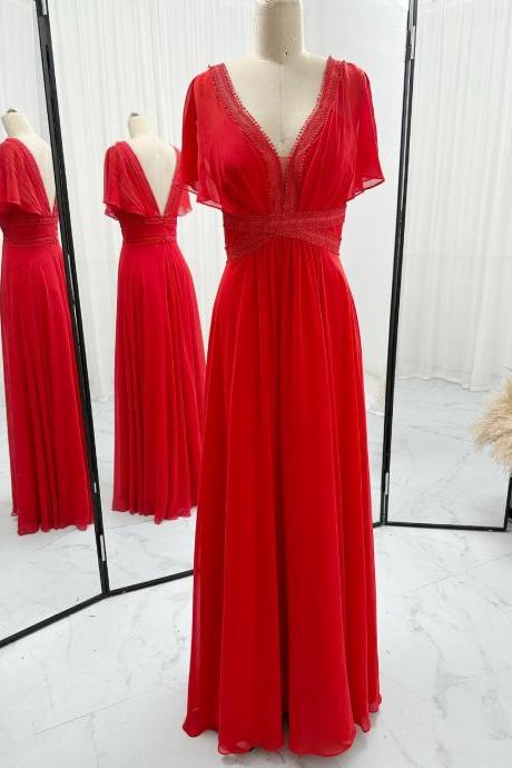 Wrap Sleeves Red Chiffon Formal Occasion Dress Long Evening Gown