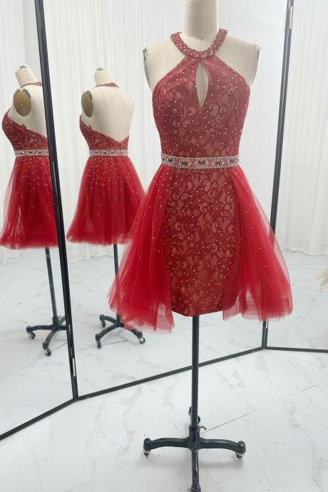 Halter Red Short Homecoming Party Dress
