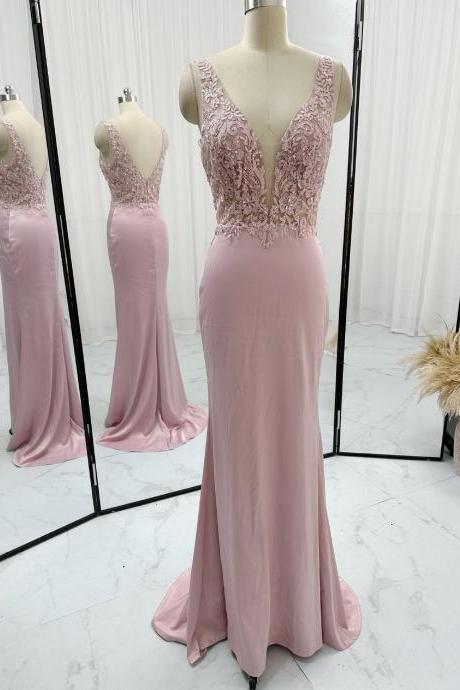 Plunging Neck Sheath Prom Dress Long Evening Gown