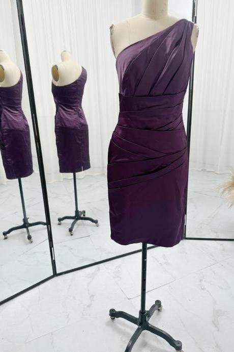 One Shoulder Dark Purple Pleated Short Dress