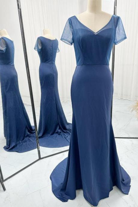Short Sleeves Navy Blue Trumpet Formal Occasion Dress Long Evening Gown
