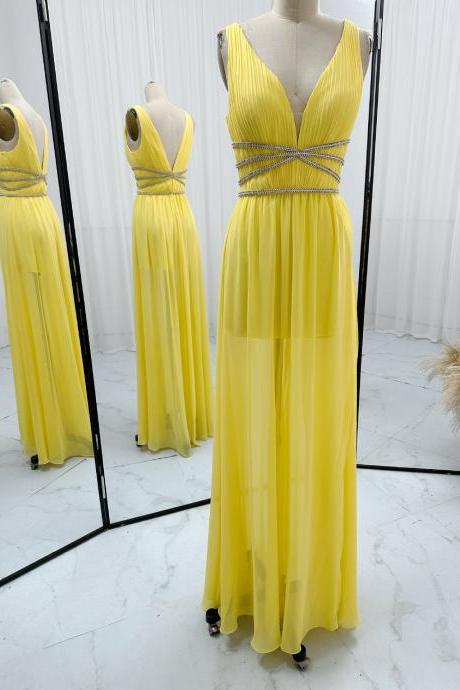 V Neck Pleated Yellow Chiffon Dress