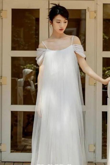 Elegant Sheer Pleated Off-shoulder Maxi Dress In White