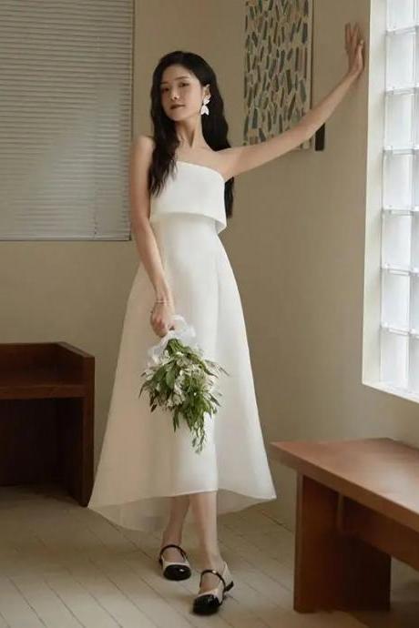 Elegant One-shoulder Midi Bridal Dress With Flowy Hem