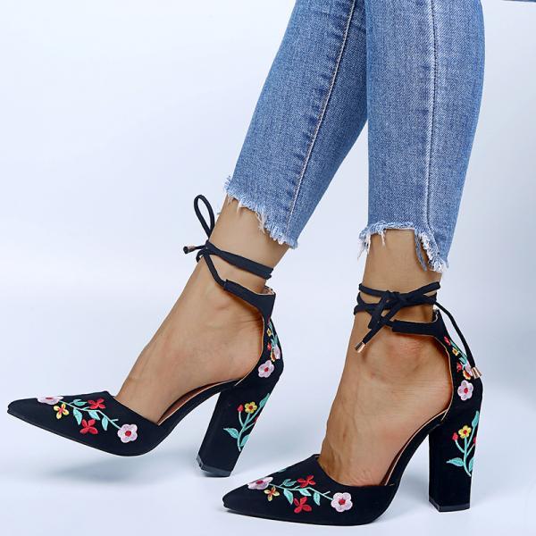 Black Ankle Strap Chunky Embroidery Sandals Women Shoes 
