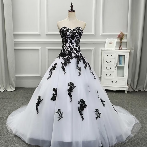 White and Black Ballgown Wedding Dress