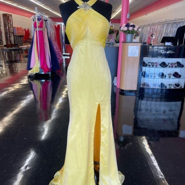 High Neck Lemon Yellow Satin Chiffon Backless Slit Prom Dress Formal Evening Gown