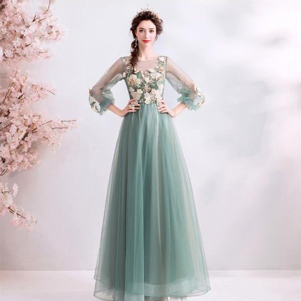 Latern Sleeves Sage Green Long Formal Occasion Dress with Floral Appliques