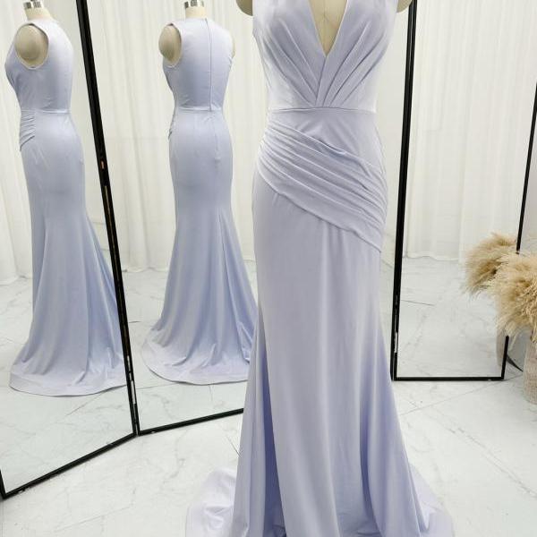 V Neck Blue Sheath Prom Dress Long Evening Gown