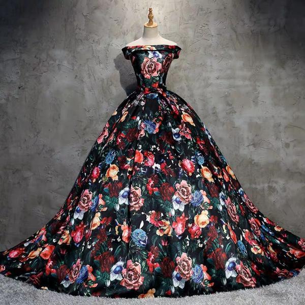 Off Shoulder Floral Print Ball Gown Pageant Dress with Court Train