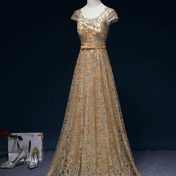 Cap Sleeves Glitter Gold Long Formal Occasion Dress Evening Gown