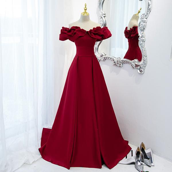 Off Shoulder Dark Red Satin Formal Dress Evening Gown