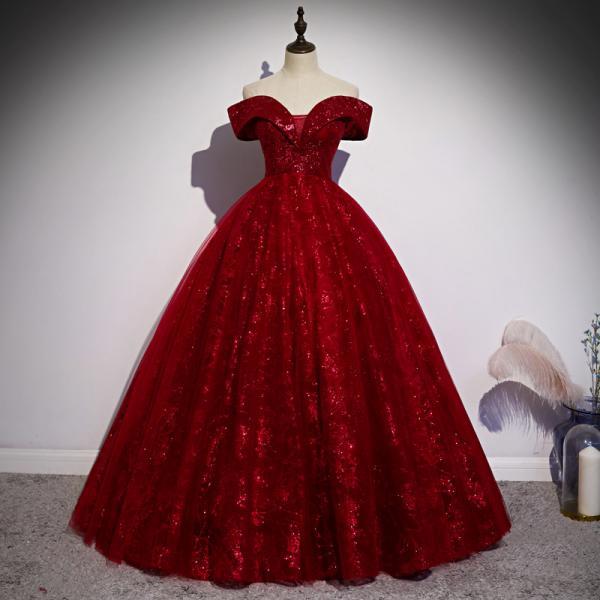 Dark Red Off Shoulder Glitter Ball Gown Pageant Dress