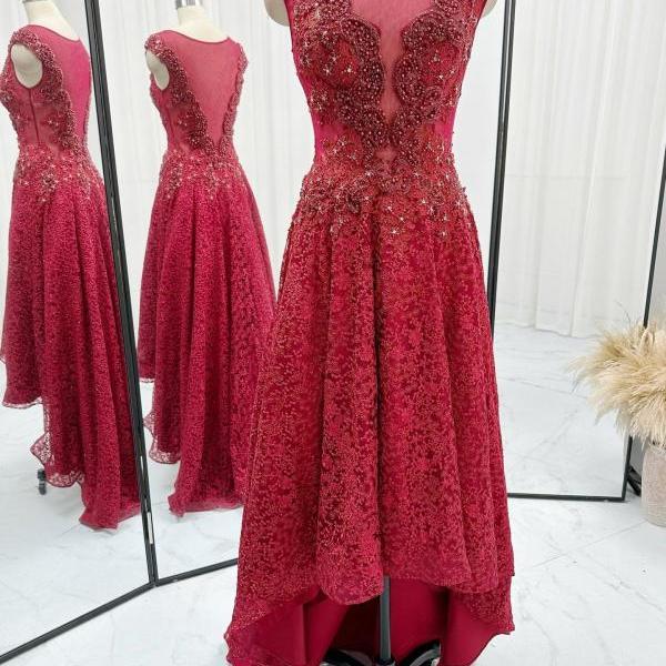 Dark Red Lace High Low Dress
