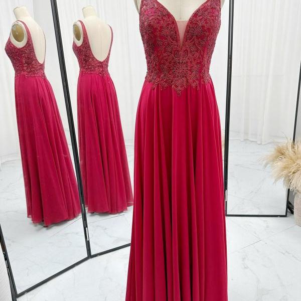 Dark Red Chiffon Long Prom Dress