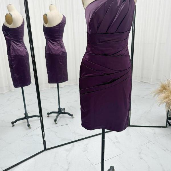 One Shoulder Dark Purple Pleated Short Dress