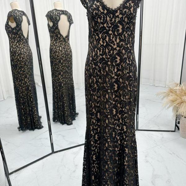Champagne Black Lace Formal Occasion Dress Evening Gown