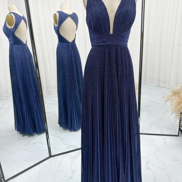 Plunging Neck Pleated Navy Prom Dress with Open Back