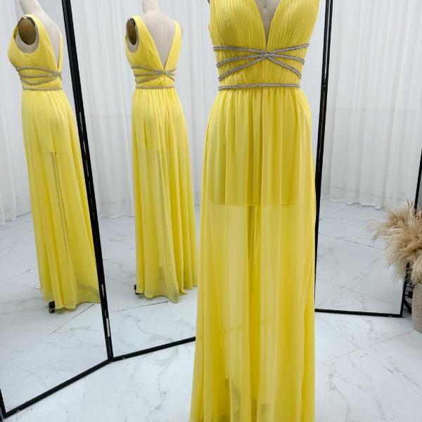 V Neck Pleated Yellow Chiffon Dress