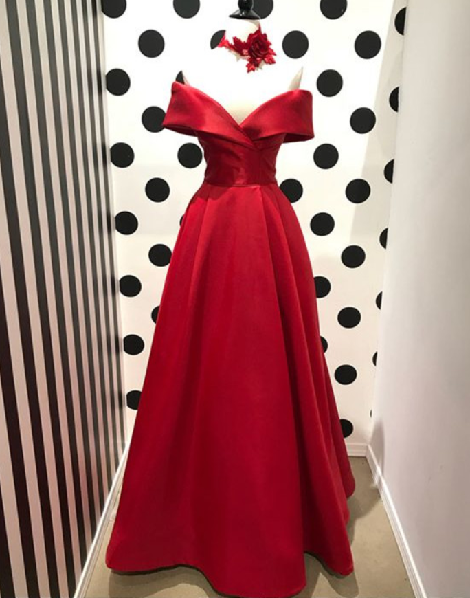 A Line Two Piece Red Off the Shoulder Satin Appliques Prom Dress LBQ2775