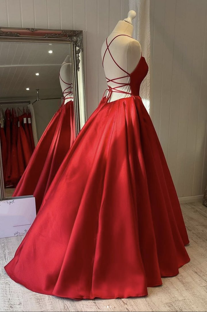 A Line Scoop Neck Dark Red High Low Satin Prom Dresses, High Low Satin Long Formal Evening Dresses main image 1