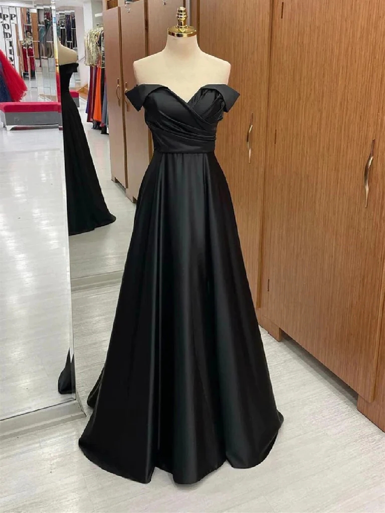 Off Shoulder Black and Satin A-line Unique Party Dress, Satin Long Evening Dress
