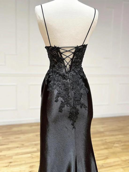 U Neck Black Sheath Prom Dress with Split main image 1