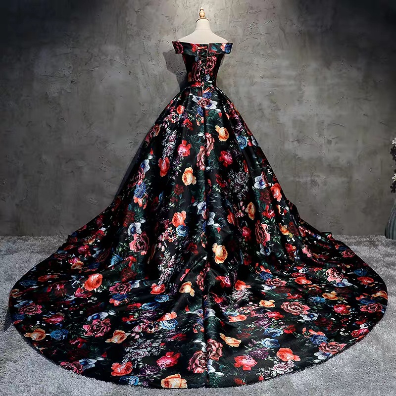Off Shoulder Floral Print Ball Gown Pageant Dress With Court Train on ...