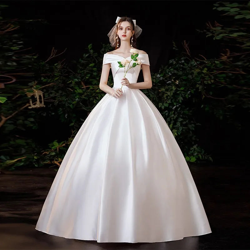 Elegant Off-shoulder Satin Bridal Gown With Train on Luulla