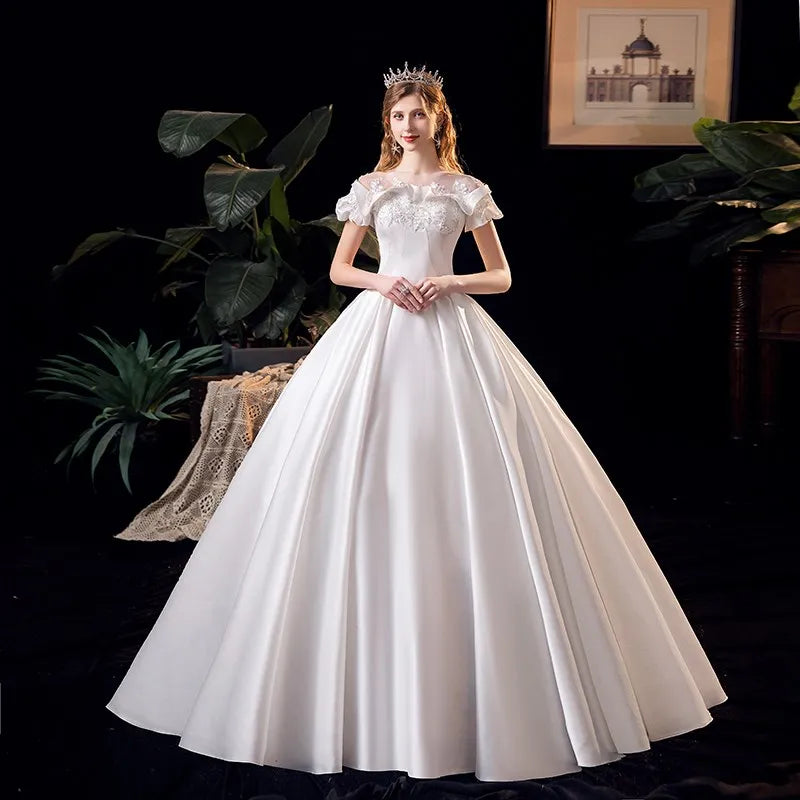 Elegant Off-shoulder Lace Bodice Satin Bridal Gown on Luulla