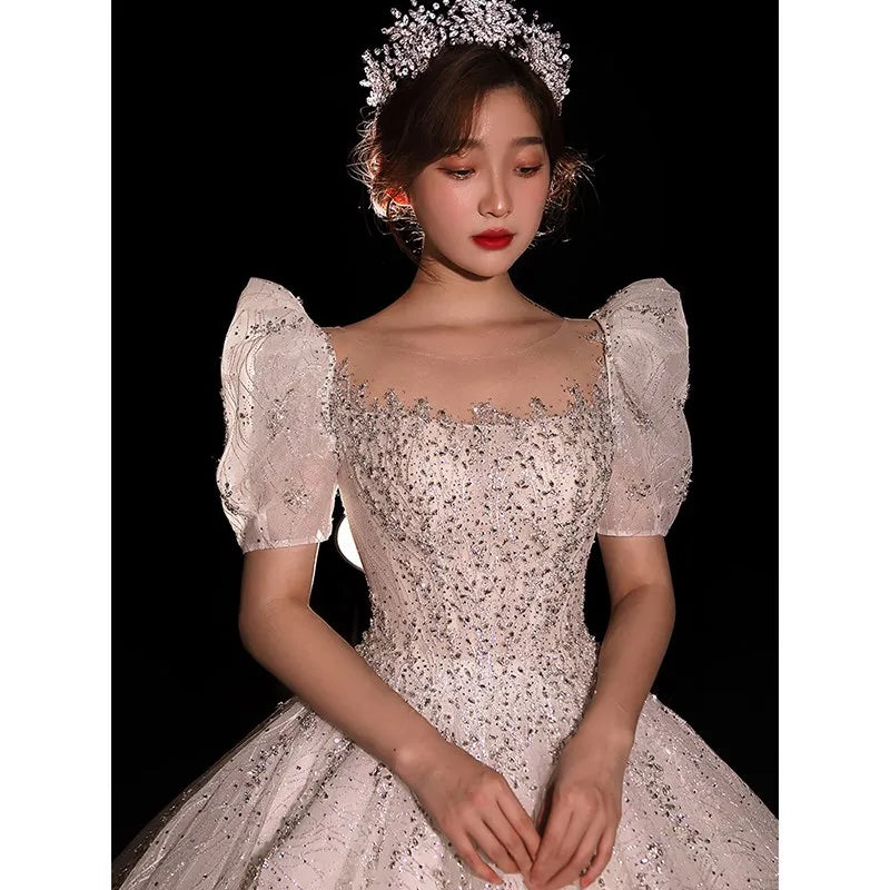 Elegant Sequined Bridal Gown With Puff Sleeves And Tiara on Luulla