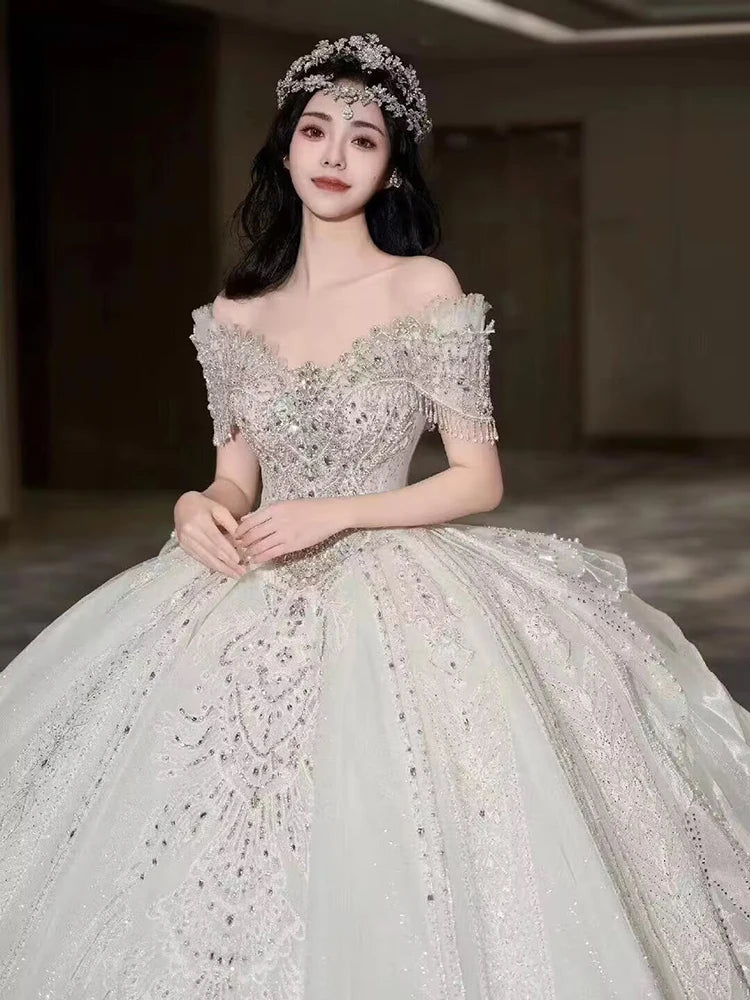 Elegant Off-shoulder Bridal Gown With Beaded Lace on Luulla