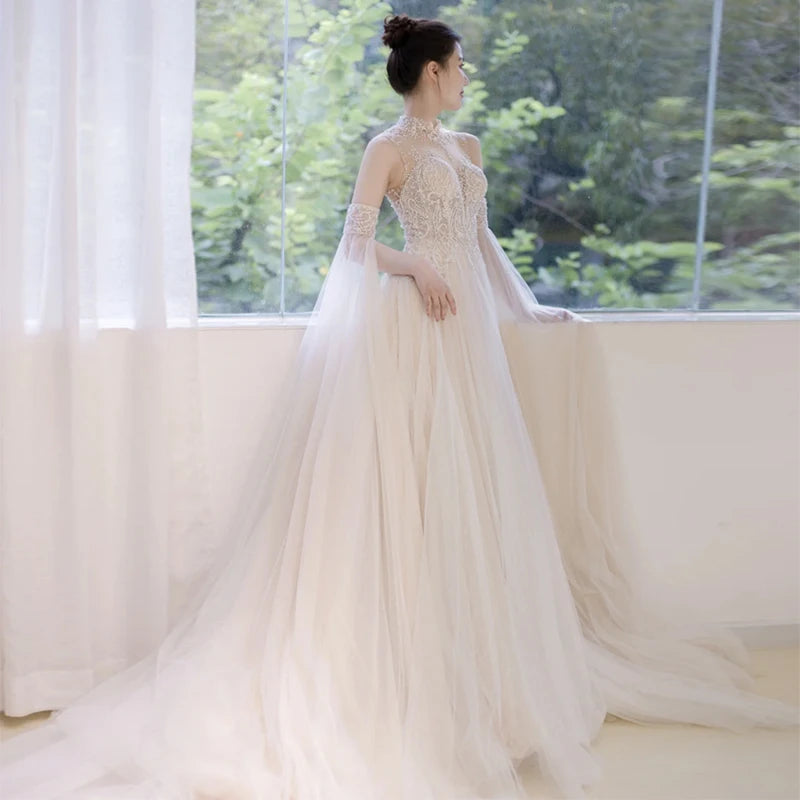 Gorgeous Wedding Dresses With Train A Line Jewel Neck Long Sleeves Lace Bridal Gown main image 0