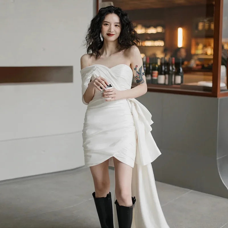 Elegant Off-shoulder White Cocktail Dress With Bow on Luulla
