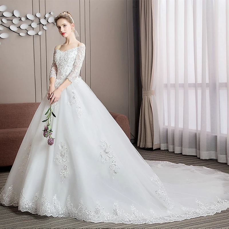 Elegant Off-shoulder Lace Bridal Gown With Train on Luulla