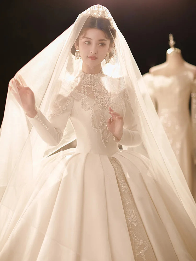Elegant Long Sleeve Lace Satin Bridal Gown on Luulla