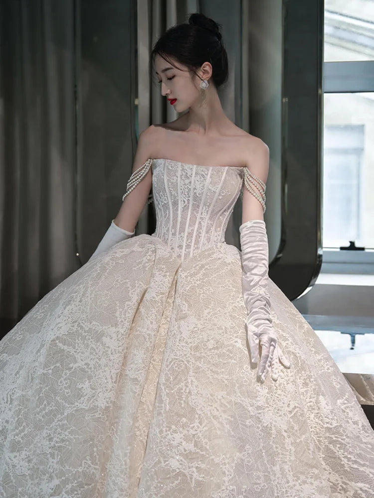 Elegant Off Shoulder Lace Wedding Dress Long Bridal Gown