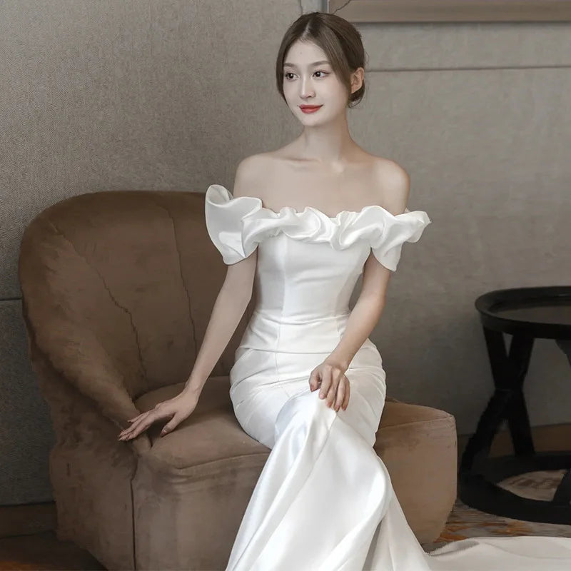 Trendy Satin Off The Shoulder Mermaid Wedding Gown TWA176
