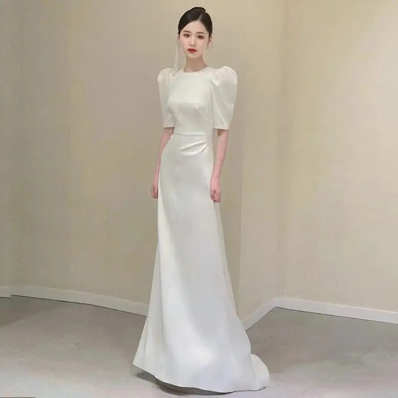 Elegant Satin Puff Sleeve Bridal Gown Floor Length on Luulla