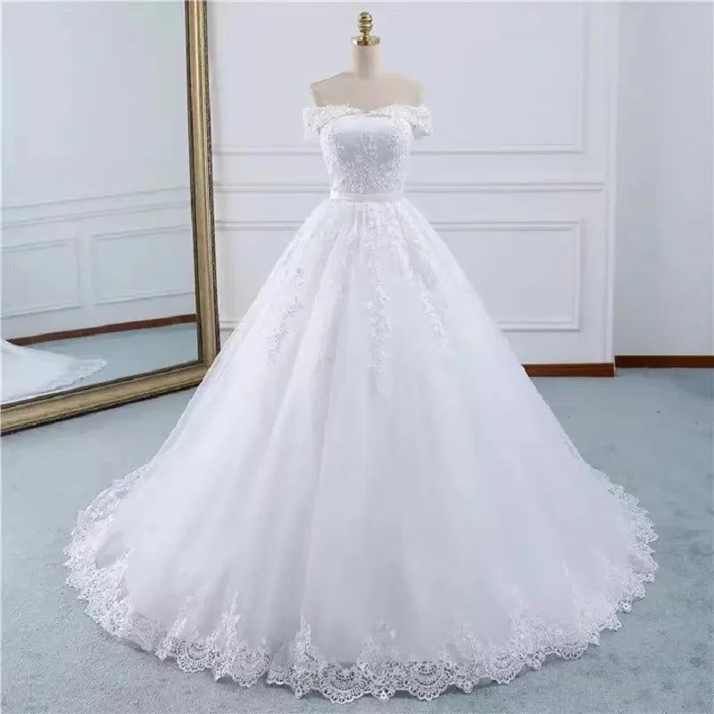 Elegant Off-shoulder Lace Bridal Gown With Train on Luulla