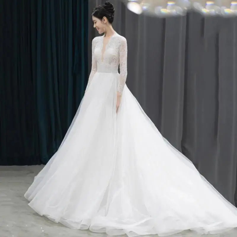 Handmade Custom Bridal Gown Long Sleeve Tulle Wedding Dress for Bride main image 1